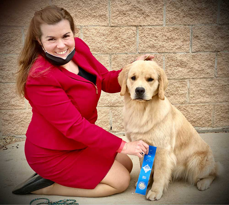 Woman in pink suit holding blue ribbon in front of a golden retriever puppy