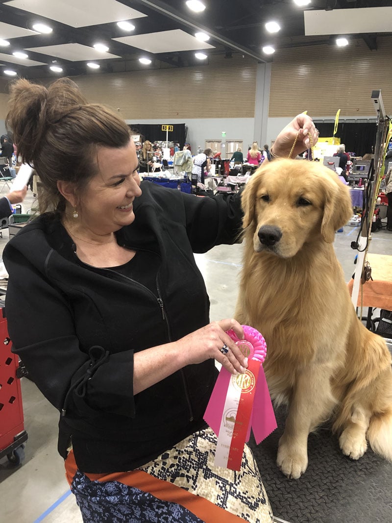 Woman holding a ribbon sitting on a grooming table with a sitting golden retriever