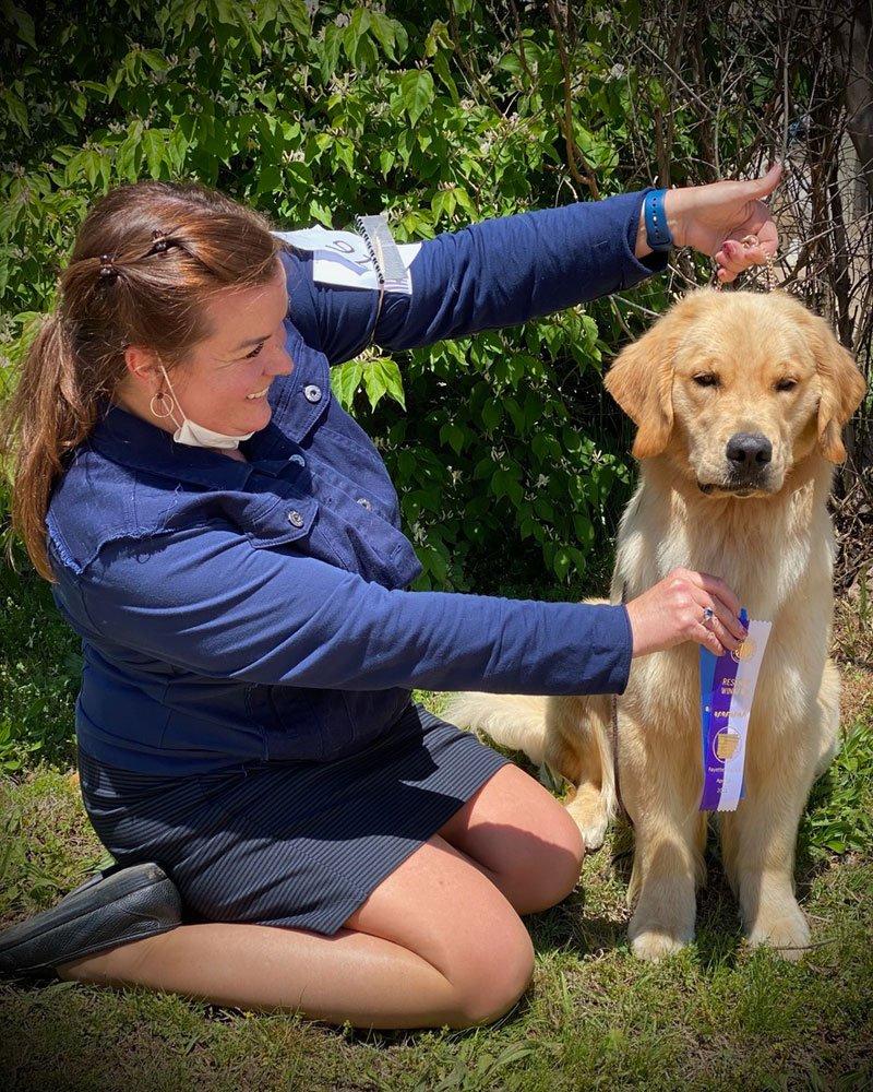 Woman holding a ribbon in front of a young female golden retriever